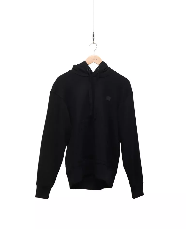 Acne Studios Ferris Face embroidered patch black hoodie front in a full white background