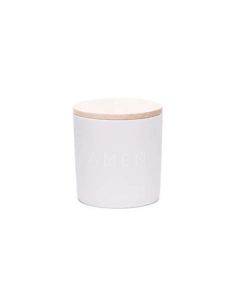 Amen scented candle front in a full white background