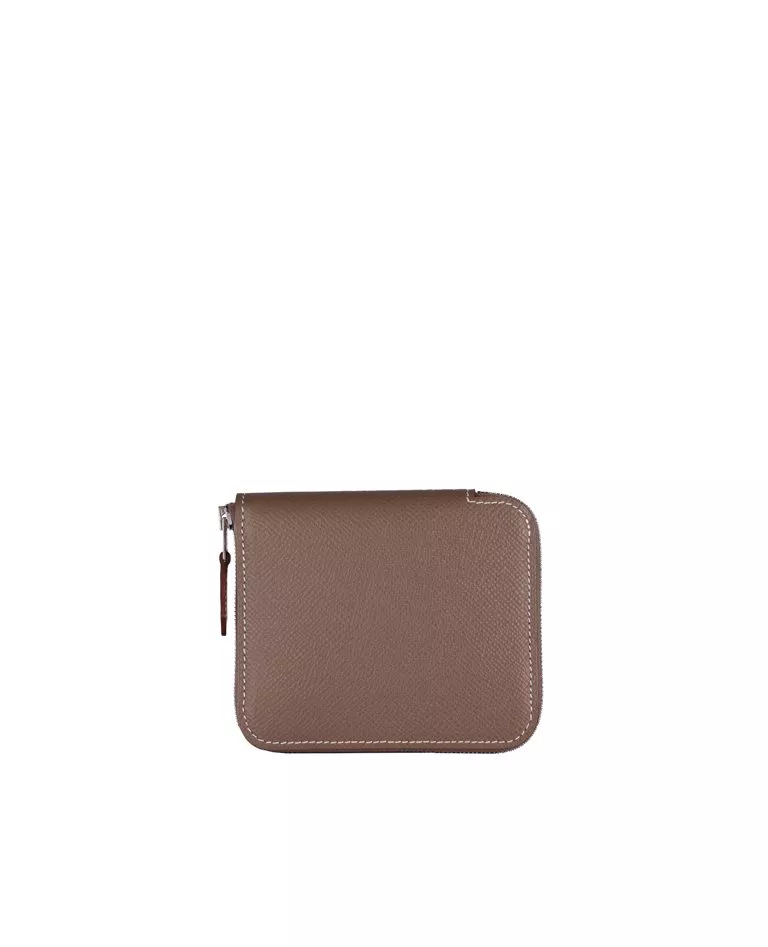 Hermes silkin compact etoupe with silver hardware front in a full white background