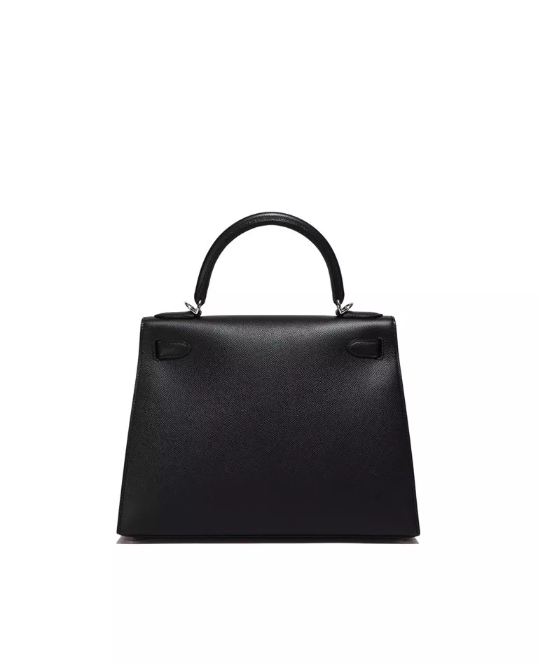 Hermes Kelly 28 black with silver hardware back in a full white background