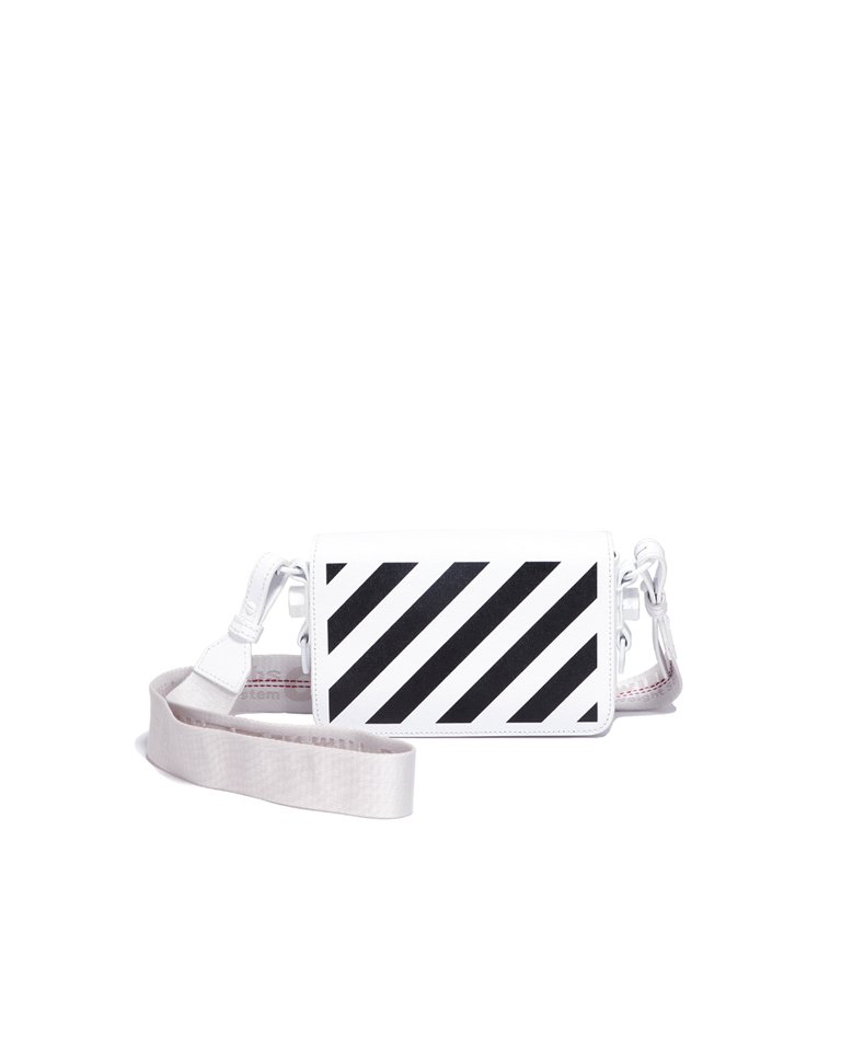 Off-White white diagonal logo binder clip small bag front in a full white background