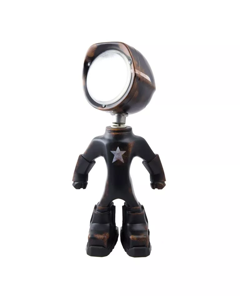 The Lampster black Army figure lamp front with bright light on