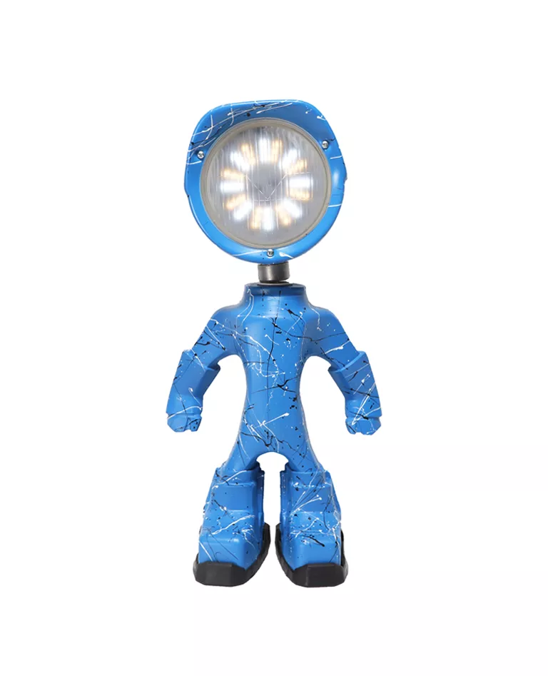 The Lampster blue Artsy figure lamp front with LED light on