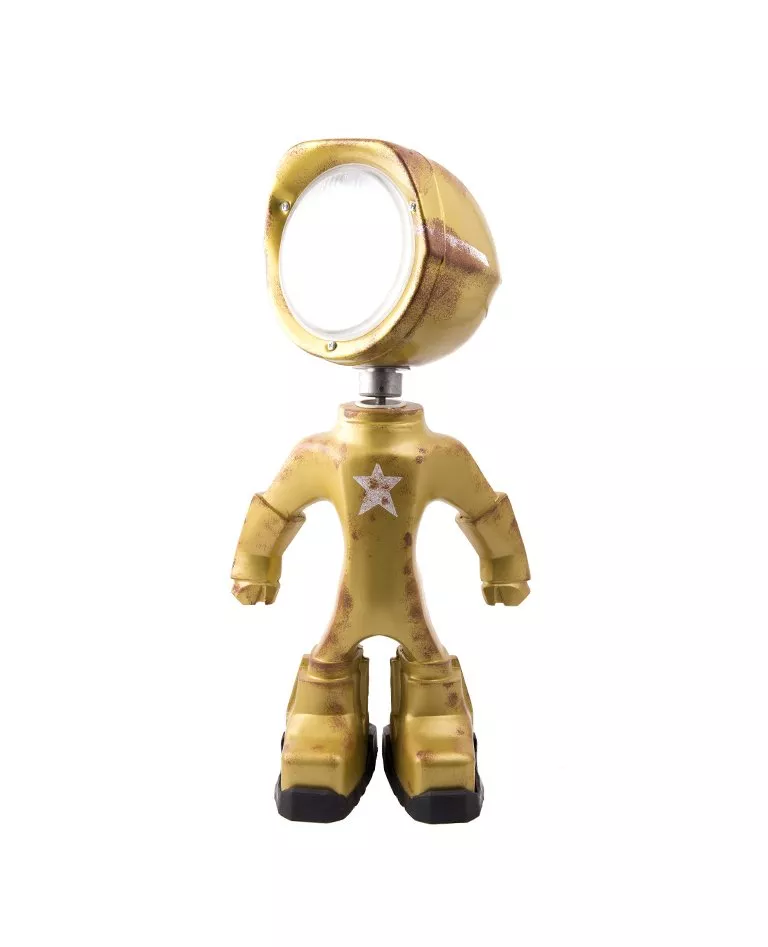 The Lampster gold Army figure lamp front with bright light on