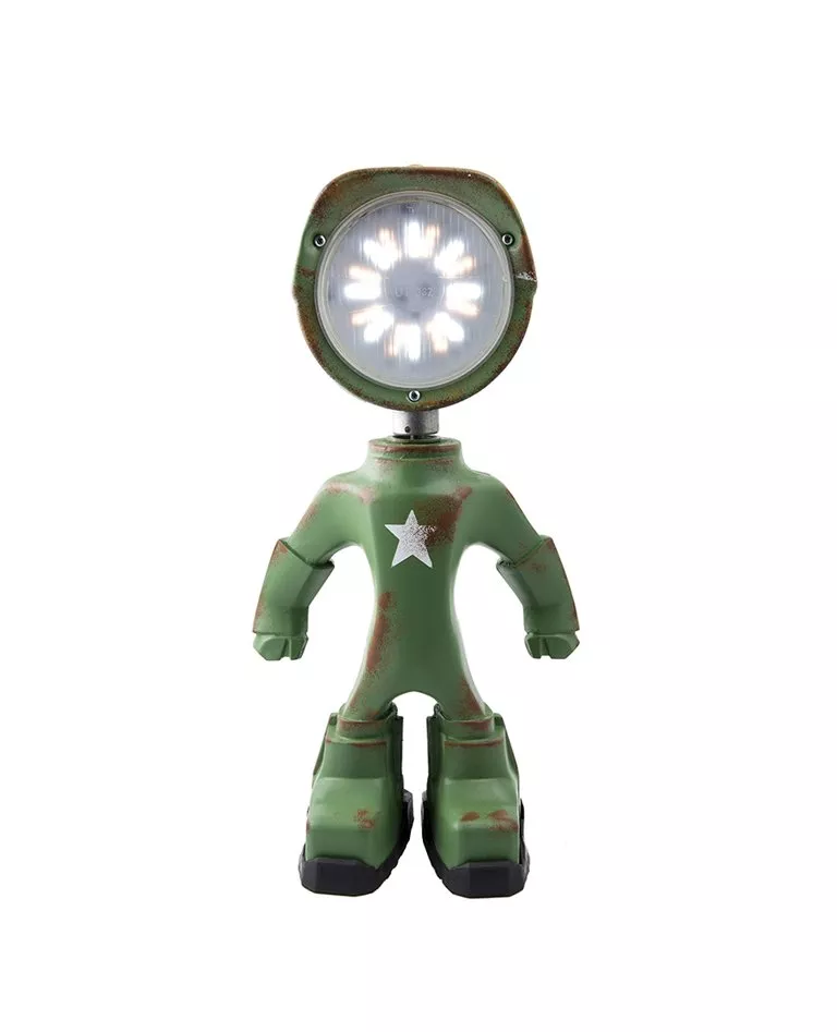 The Lampster green Army figure lamp front with LED light on