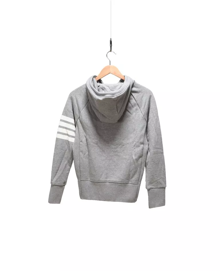 Thom Browne grey engineered 4-bar hoodie with zipper back in a full white background