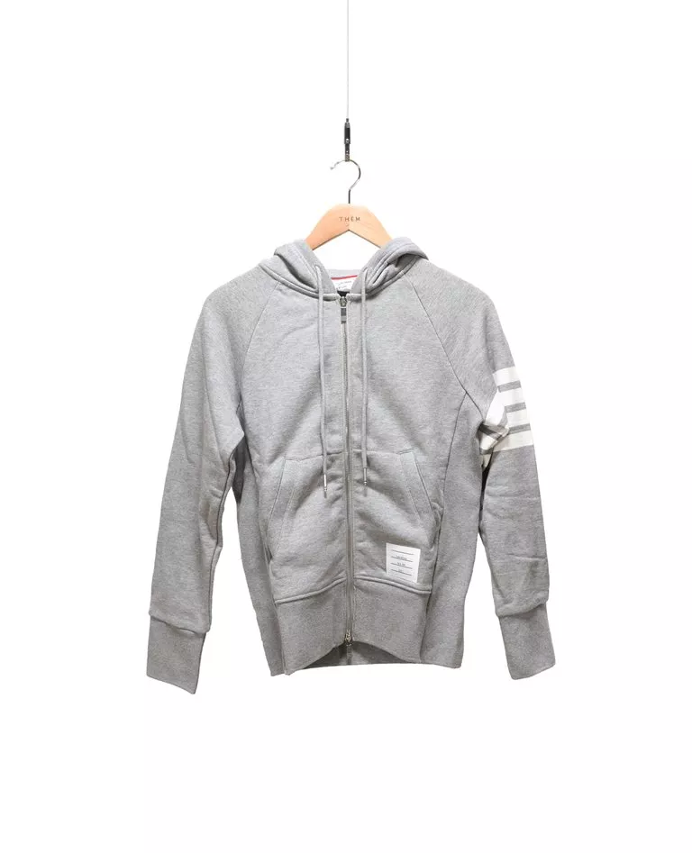 Thom Browne gray engineered 4-bar hoodie with zipper front in a full white background