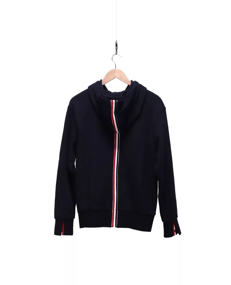 Thom Browne navy blue back grosgrain stripe hoodie with zipper back in a full white background