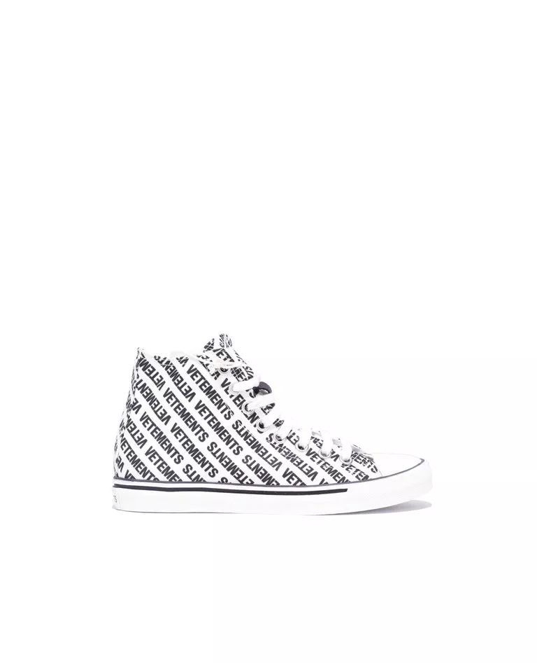 Vetements all-over logo canvas high-top sneakers side in a full white background