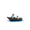 Yusuke Hanai Facing The Current with a man and a dog sitting in a boat side in a full white background